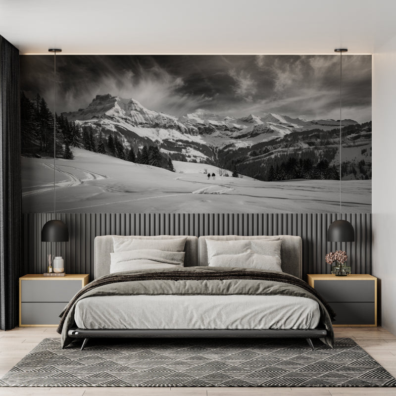 Mountain mural adding drama to minimalist hallway design