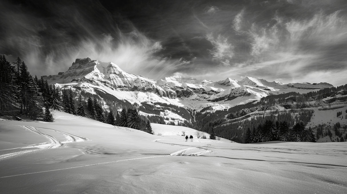 Black and white mountain range design file showing detailed snow peaks and dramatic clouds