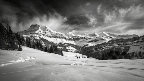 Black and white mountain range design file showing detailed snow peaks and dramatic clouds