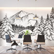 Mountain sketch wallpaper in modern living room showing black and white alpine design creating depth