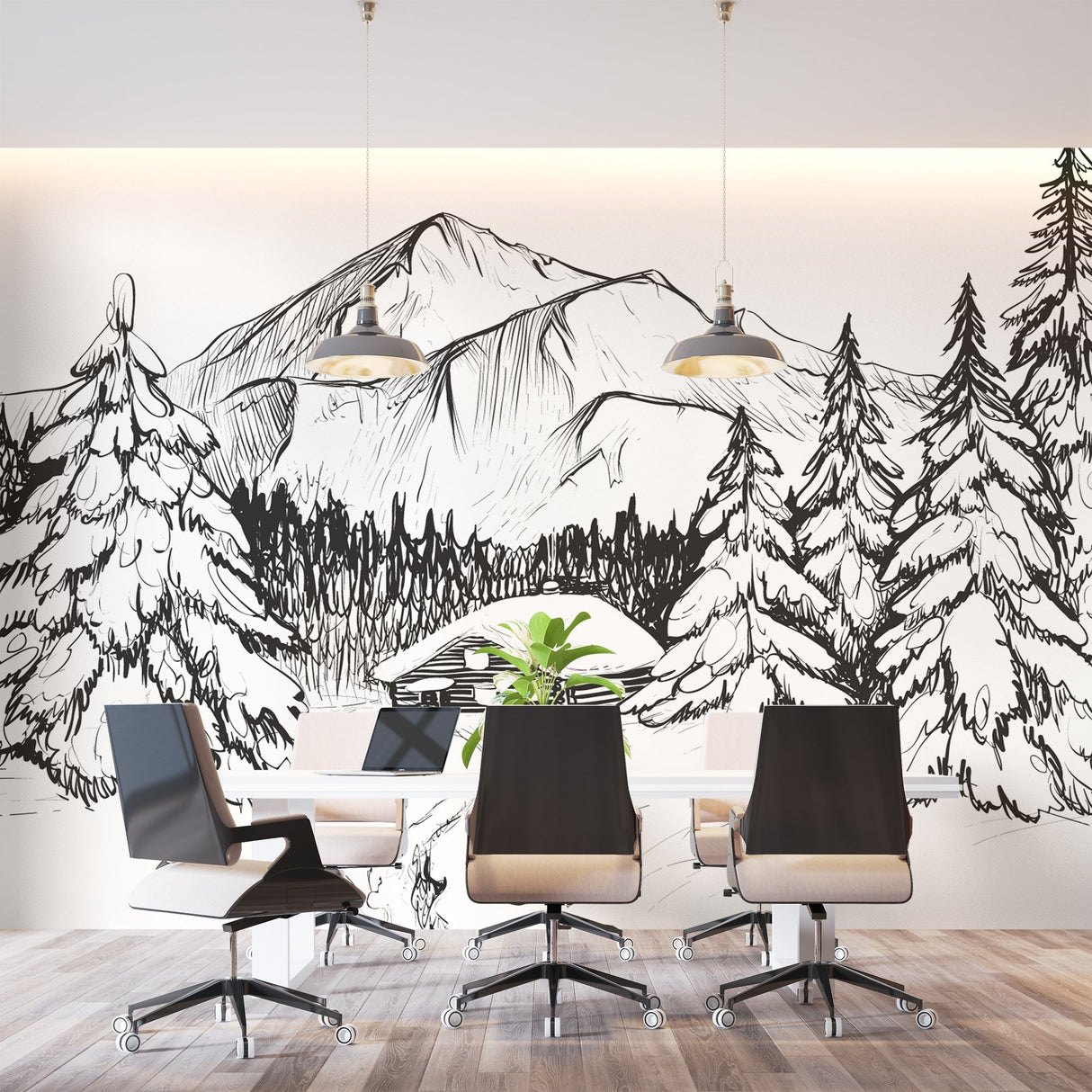 Mountain sketch wallpaper in modern living room showing black and white alpine design creating depth