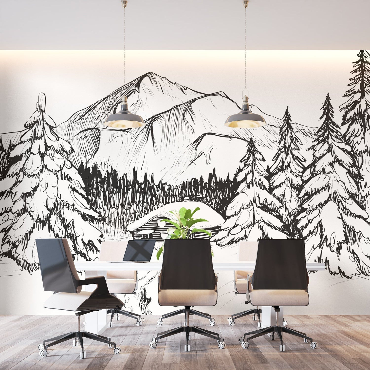 Mountain sketch wallpaper in modern living room showing black and white alpine design creating depth