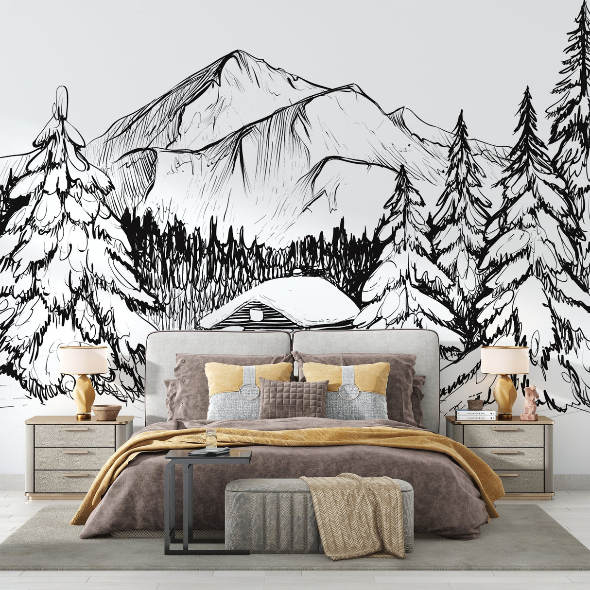 Black and white mountain mural in minimalist bedroom with natural lighting