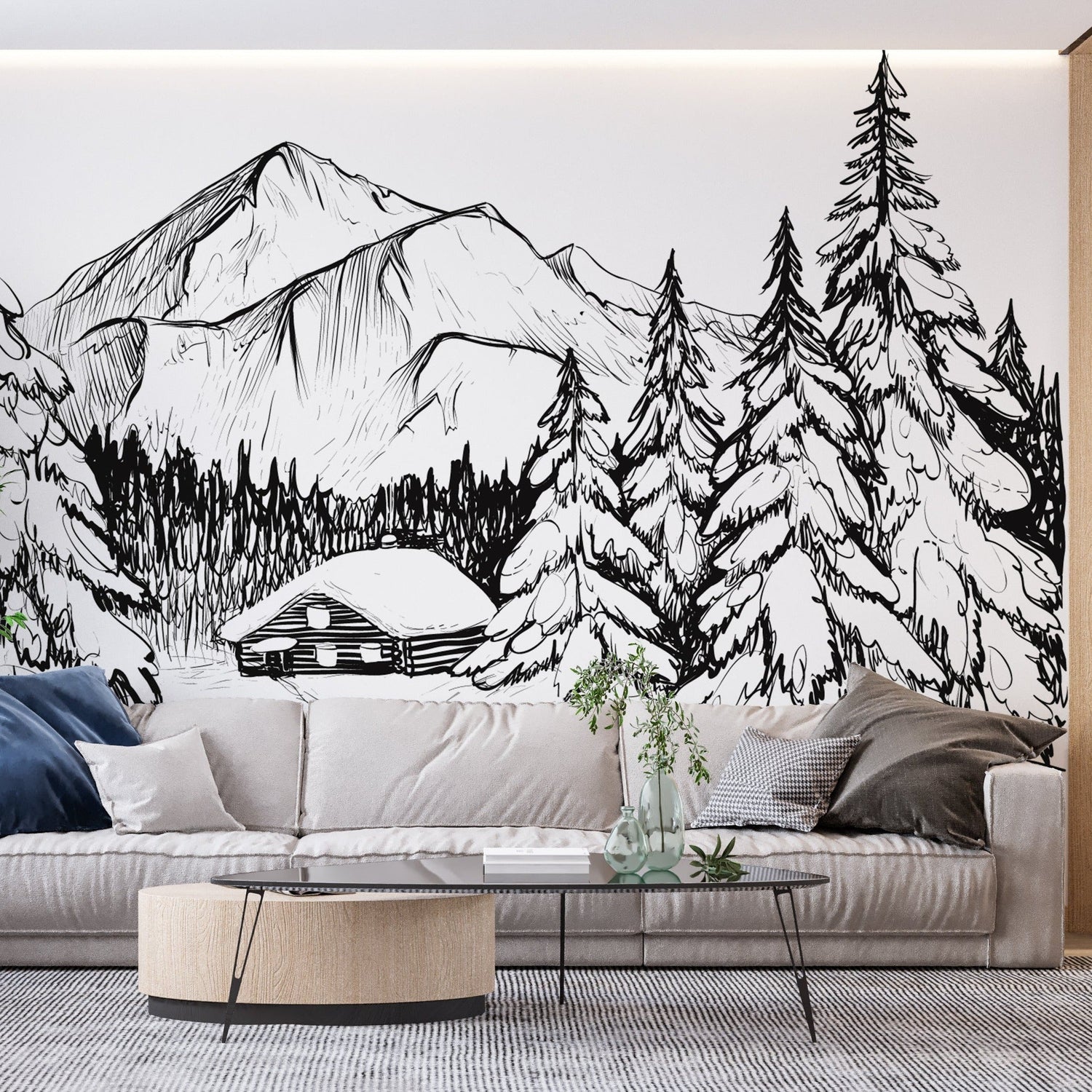 Sketch art mountain wallpaper featured in contemporary home office space