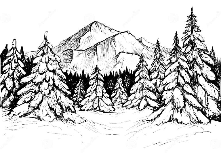 Mountain landscape wallpaper design file showing detailed black and white sketch pattern