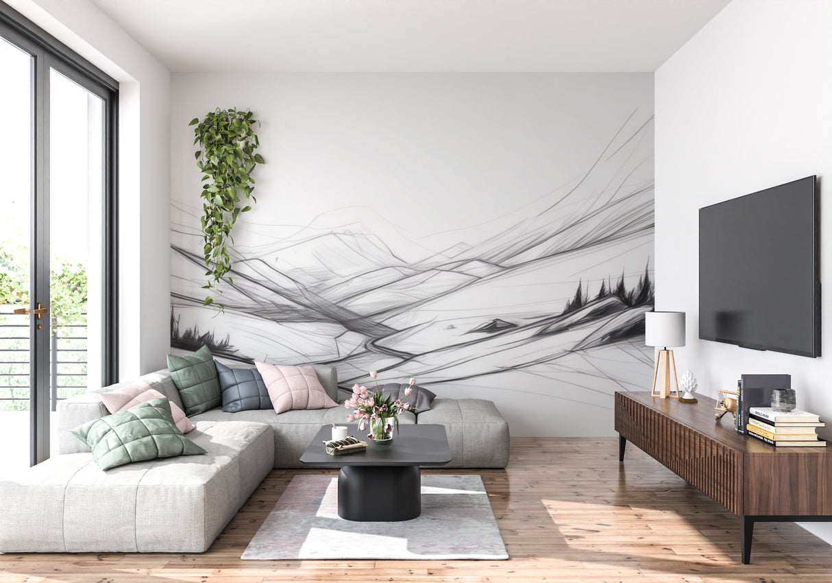 Mountain mural wallpaper creating depth in a modern living room with minimalist furniture