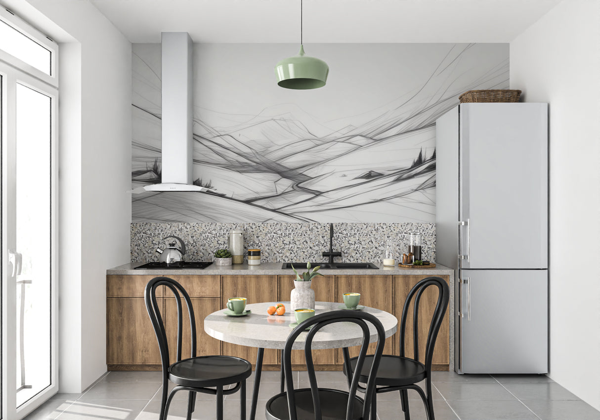 Black and white mountain wallpaper adding drama to a master bedroom with soft lighting