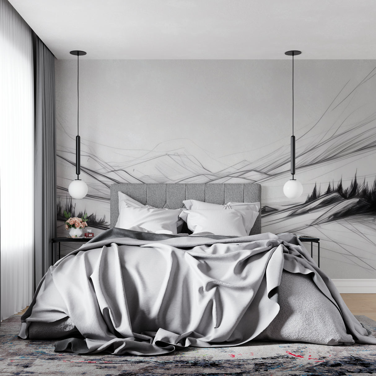 Sketch mountain mural bringing artistic flair to a home office space