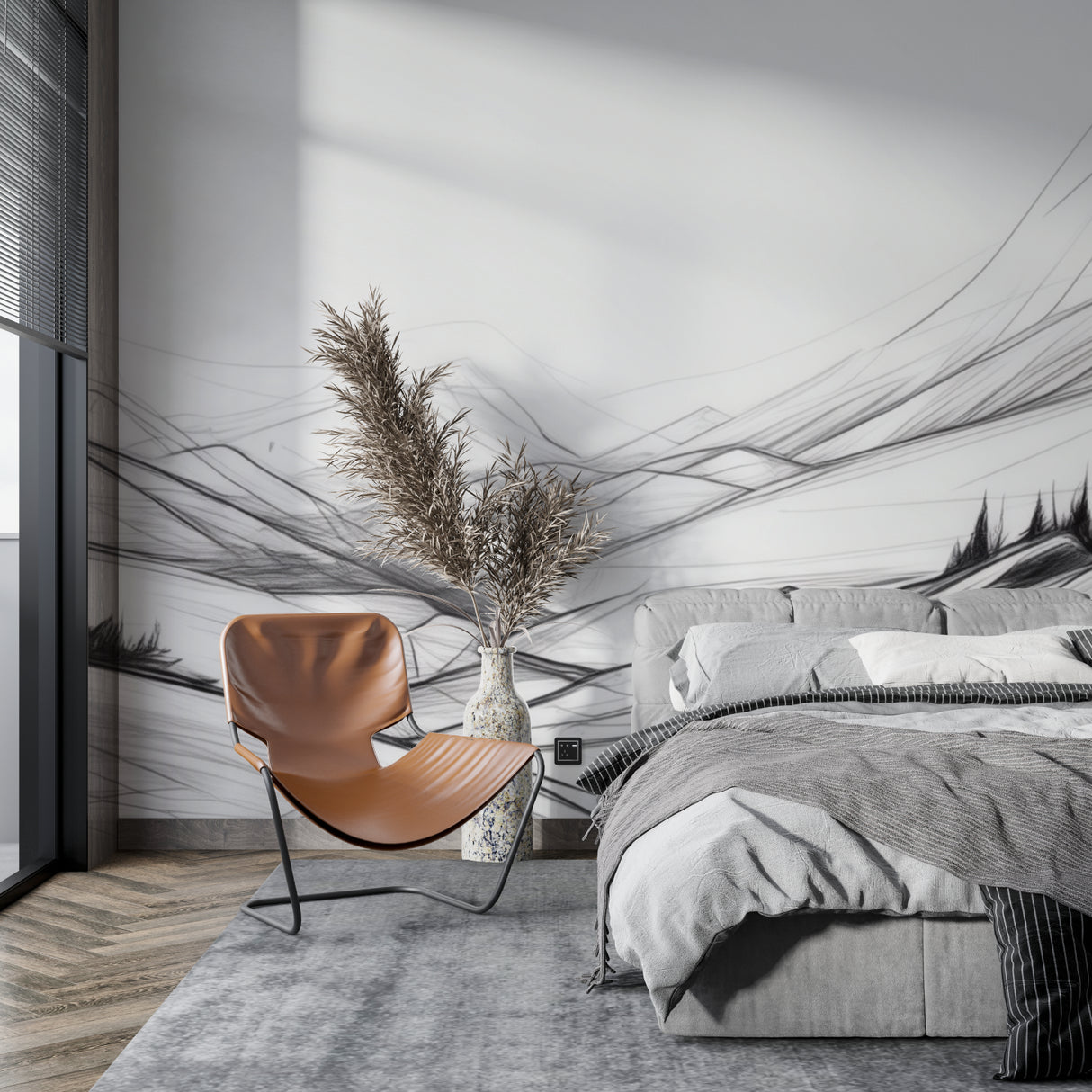 Mountain landscape wallpaper making a statement in a dining room setting