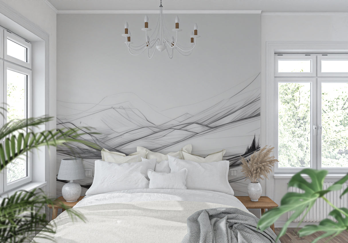 Black and white mountain mural creating depth in a contemporary hallway