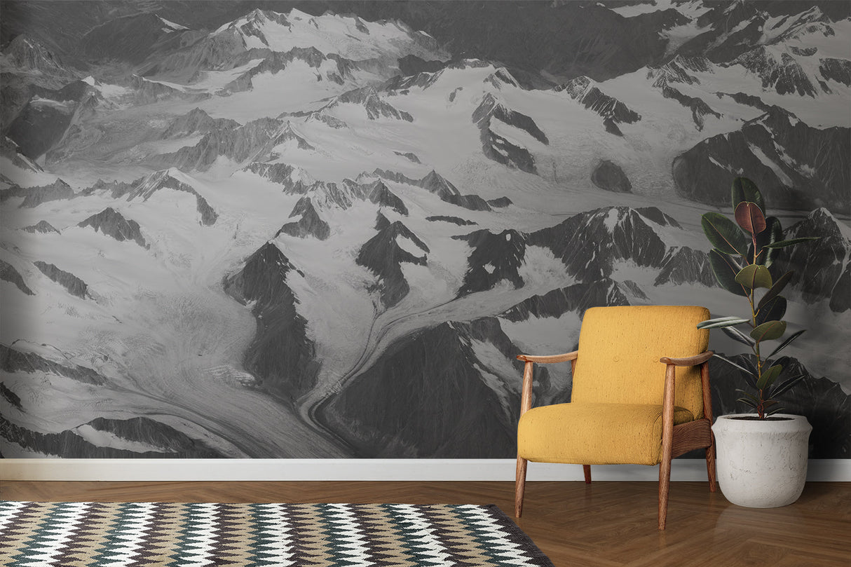 Dramatic mountain mural creating depth in home office space