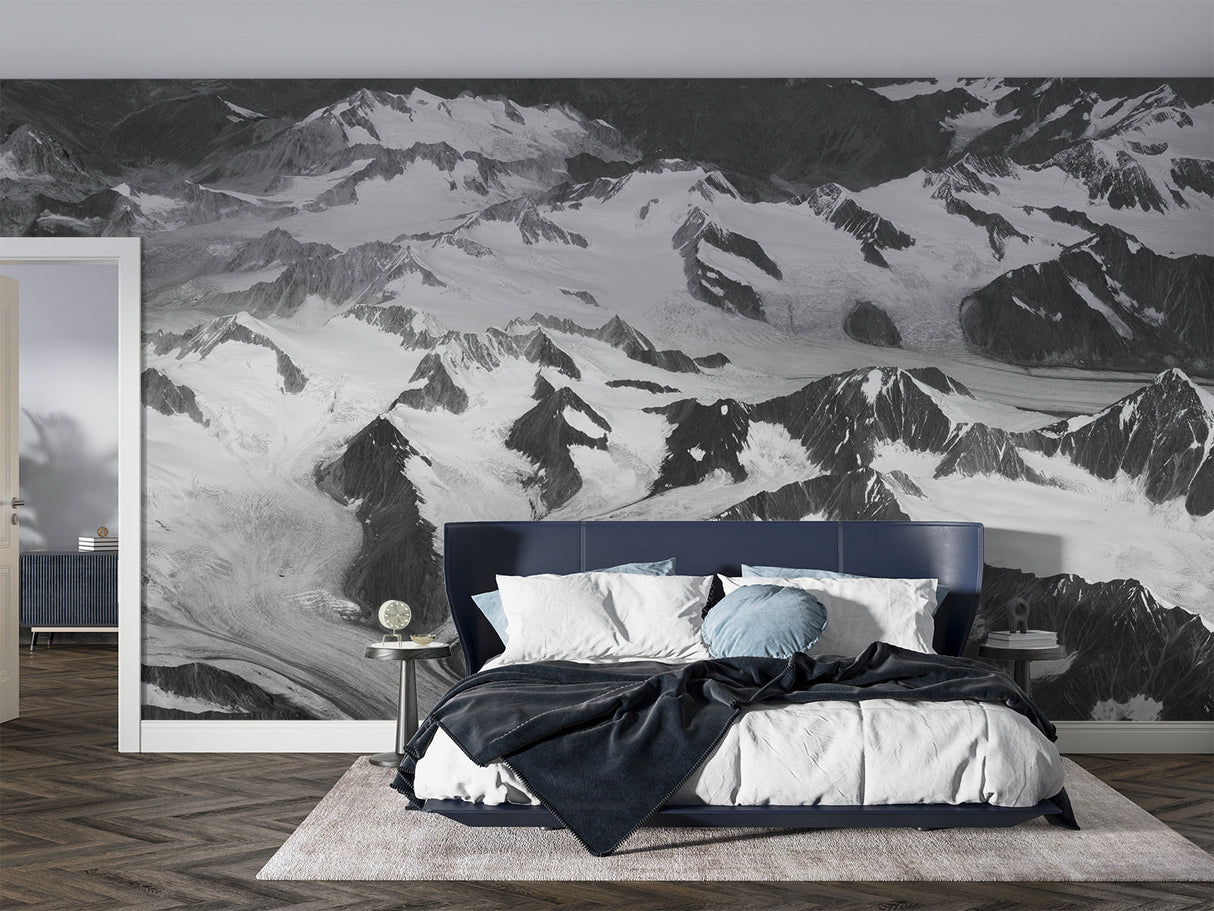 Mountain peak panorama wallpaper in contemporary dining room
