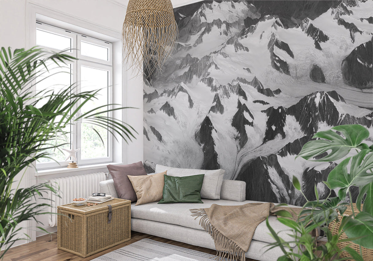 Black and white mountain wallpaper making statement in master bedroom