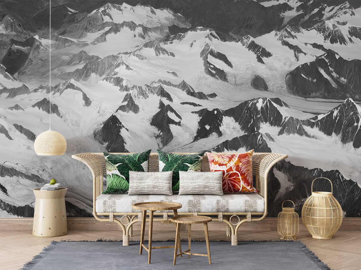 Panoramic mountain mural in minimalist entrance hall