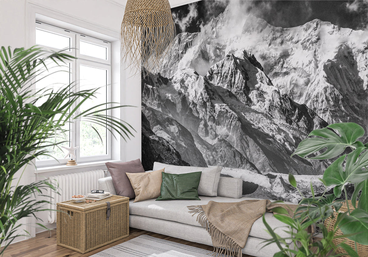 Mountain peak wall mural in dining room showing full wall installation