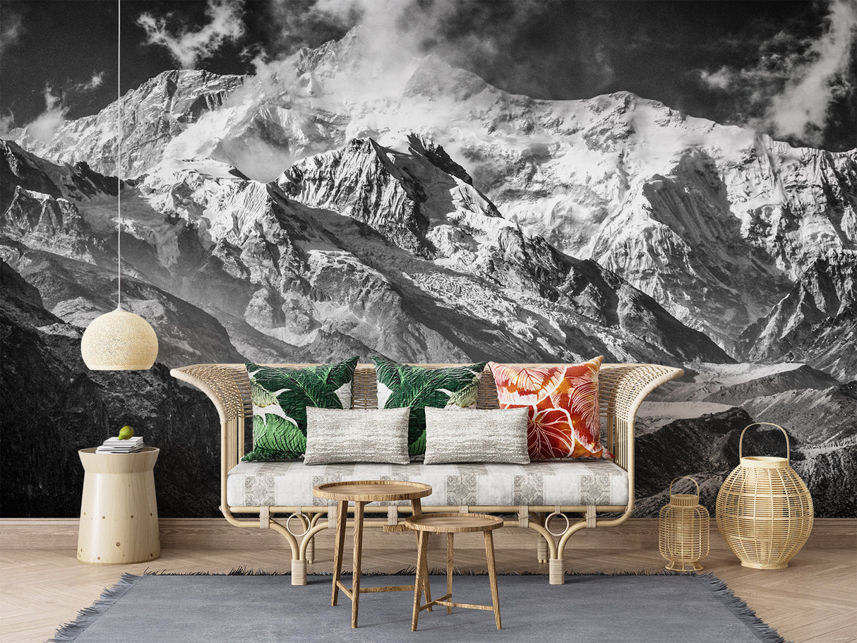 Monochrome mountain wallpaper in entrance hall with natural lighting