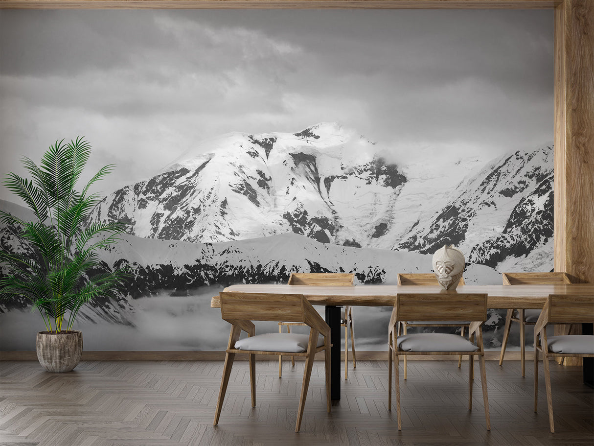 Black and white mountain wallpaper in minimalist bedroom setting with wooden furniture