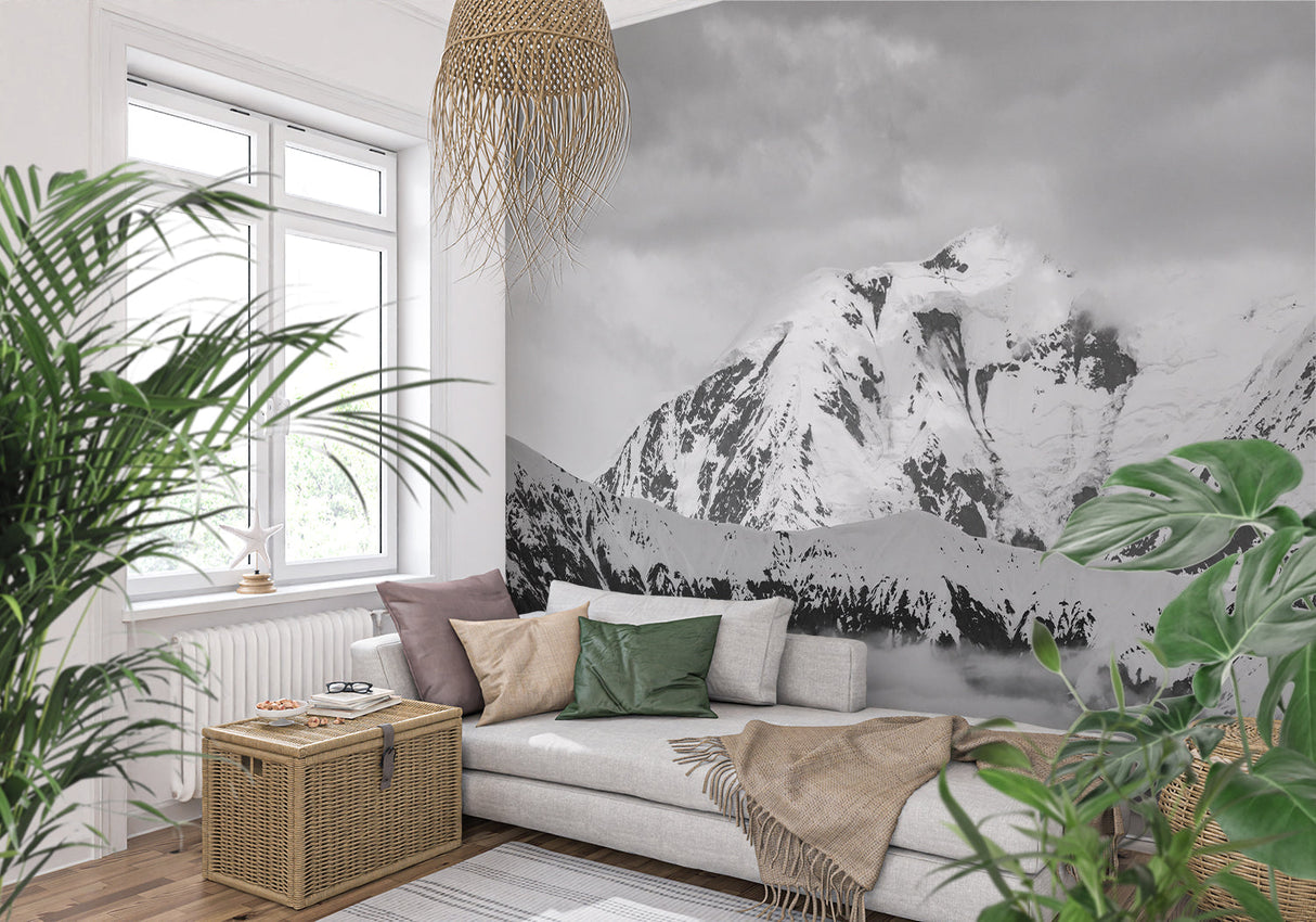 Mountain peak mural adding drama to dining room with contemporary decor