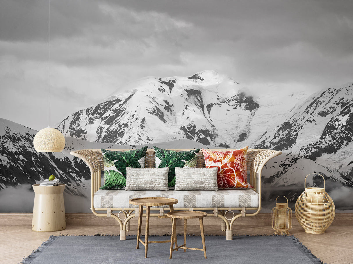 Dramatic mountain landscape wallpaper in home office with clean modern styling