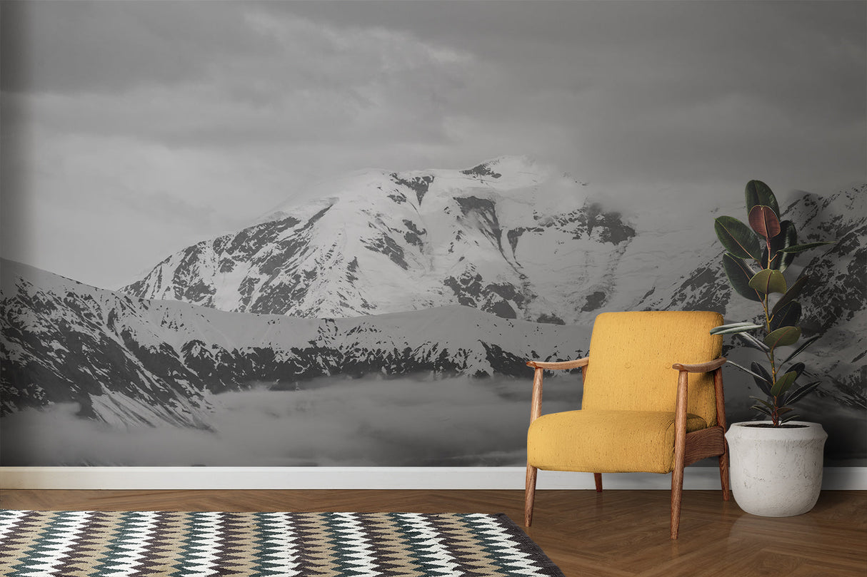Panoramic mountain mural creating focal point in luxury hotel lobby