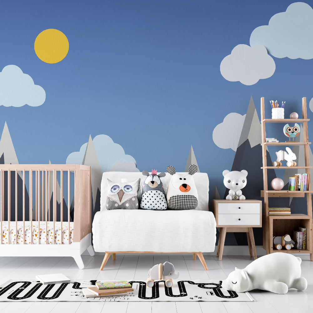 Mountain nursery wallpaper creating a cozy atmosphere in a modern nursery with white furniture