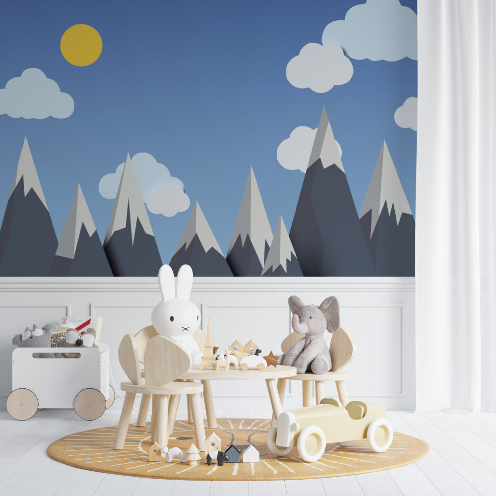 Mountain peak wallpaper bringing nature into a bright kids bedroom with reading nook