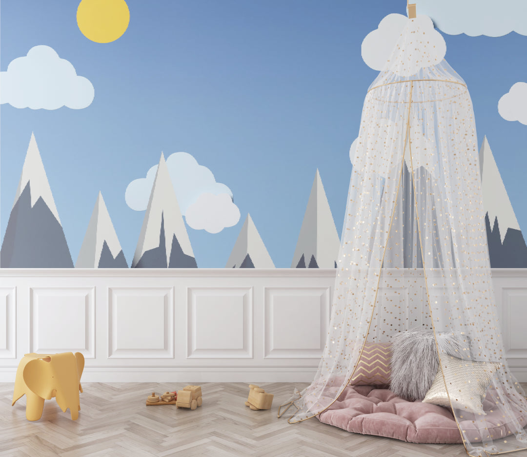 Scandinavian mountain mural transforming a minimalist playroom with natural light