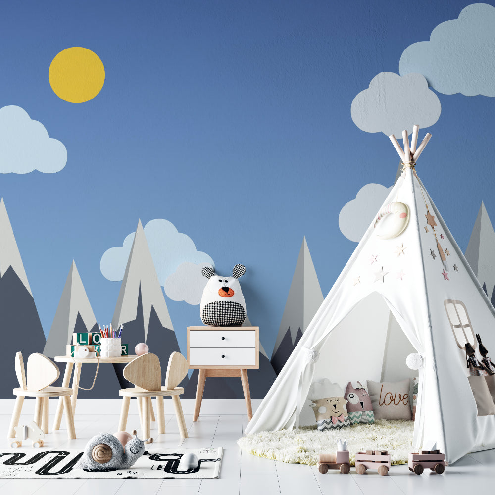 Modern mountain wallpaper featured in a contemporary home office space