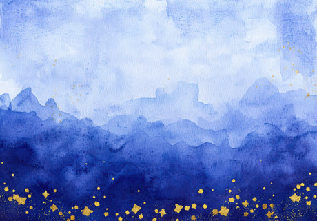 Mountain range design file showing blue watercolor gradient with gold accent details