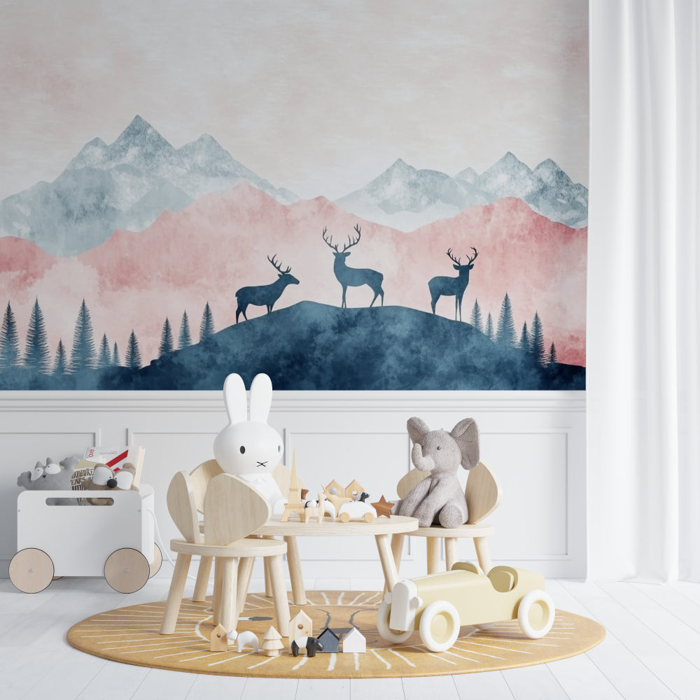 Deer silhouette wallpaper bringing nature's calm to a cozy bedroom setting