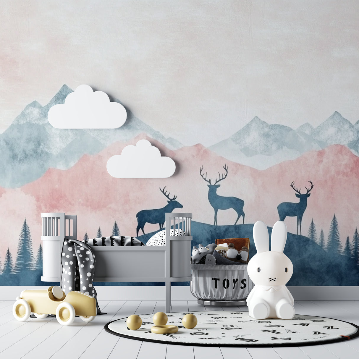 Pastel mountain mural with deer creating depth in a living room space