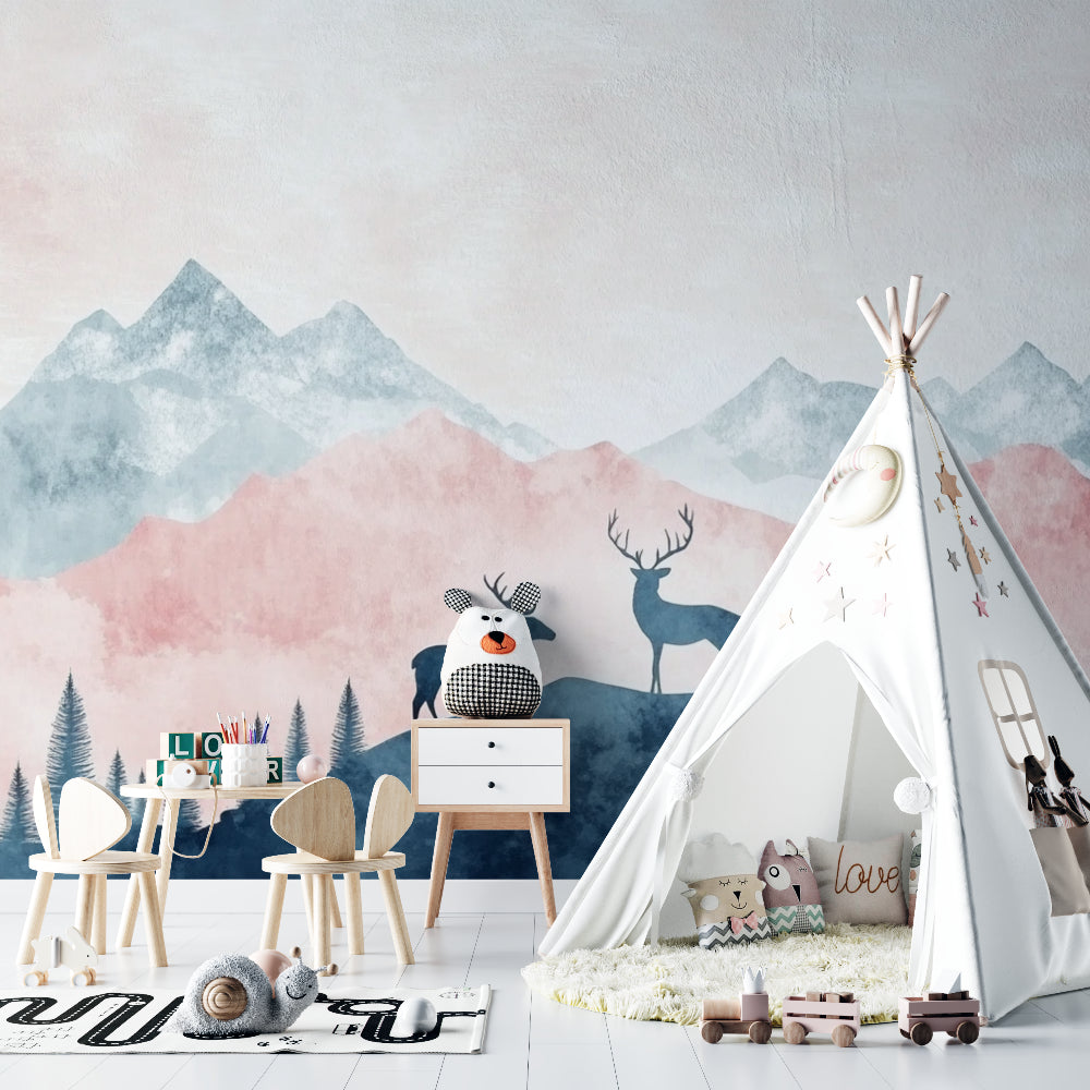 Mountain scene wallpaper showcasing gentle deer silhouettes in a dining room