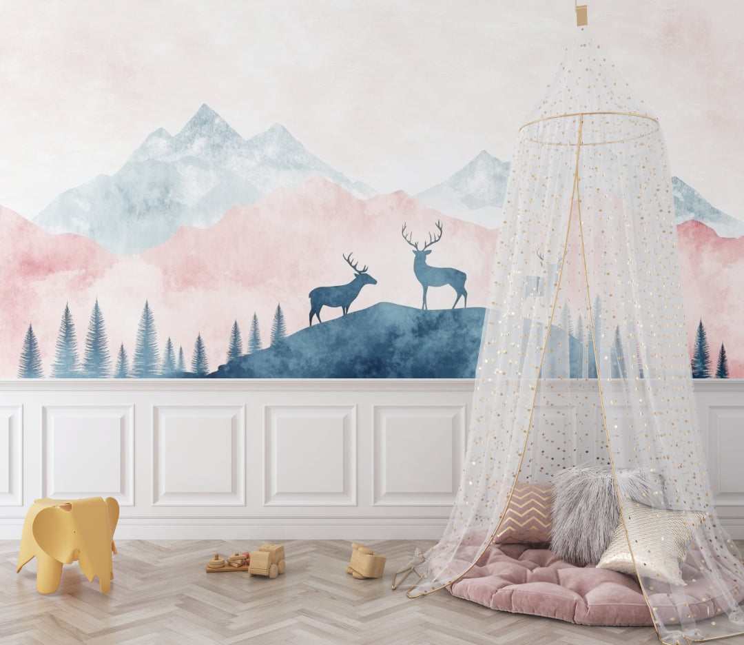 Nature wall mural with mountains and deer transforming a home office