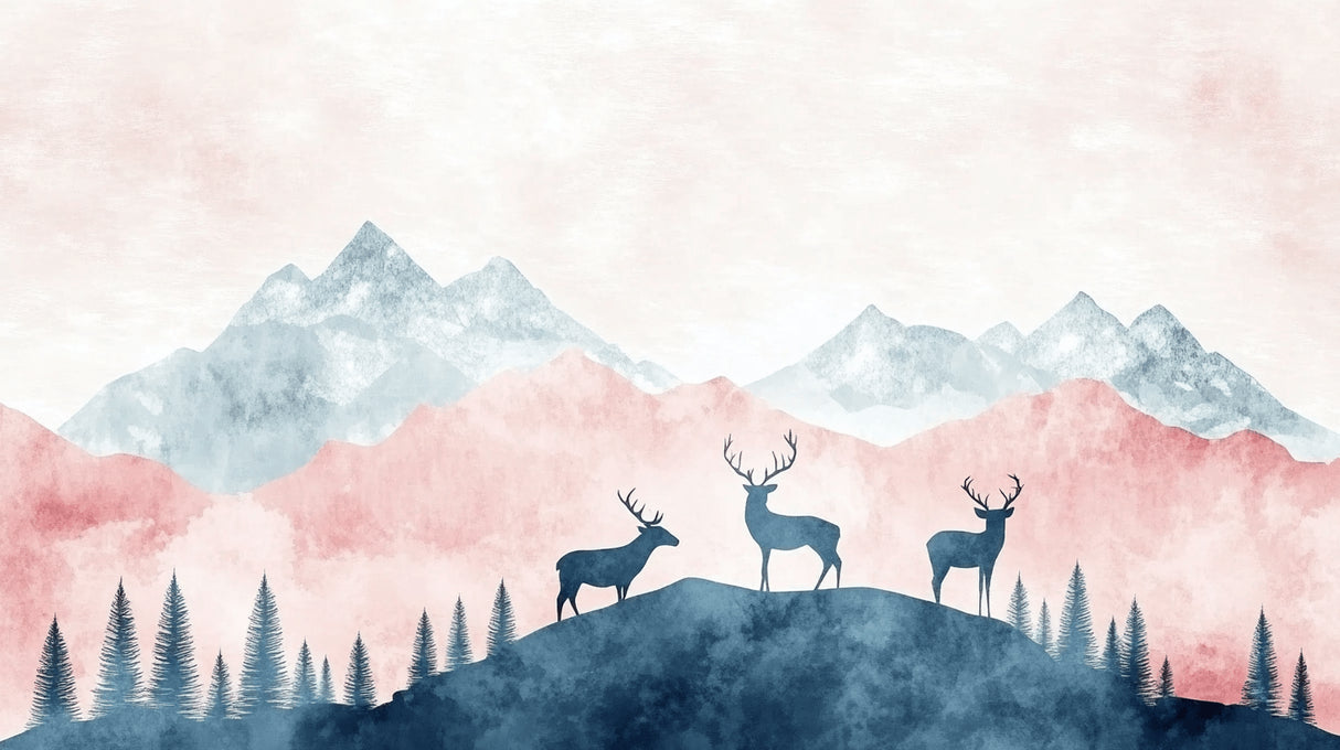 Design file showing detailed mountain landscape with deer silhouettes in soft pastel colors