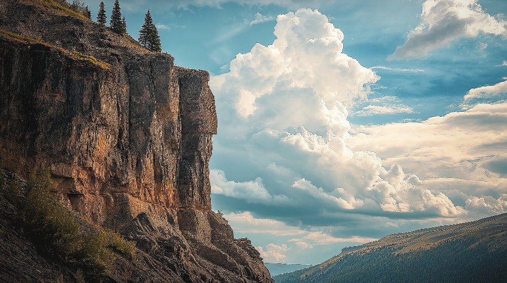 Mountain wall mural design file showing detailed cliff face and cloud patterns