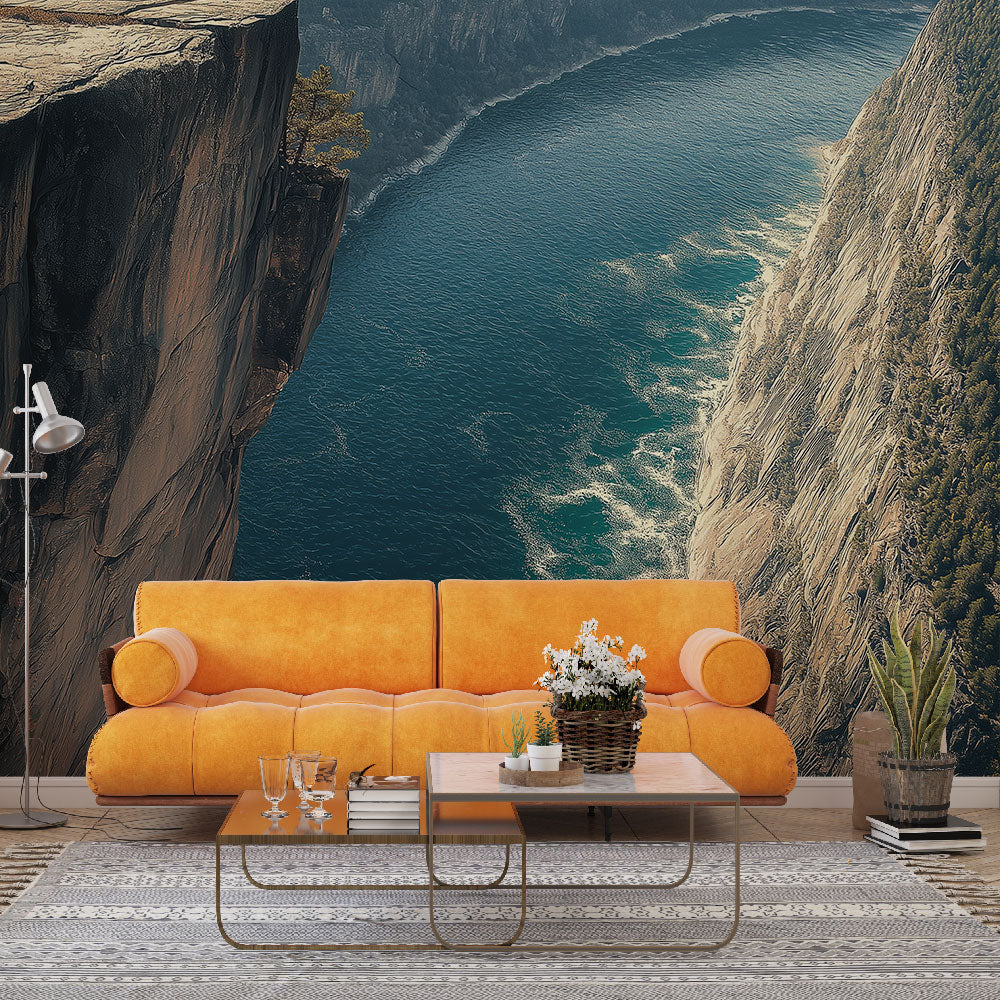 Mountain landscape wallpaper with dramatic coastal cliffs shown in modern living room, creating depth and natural atmosphere
