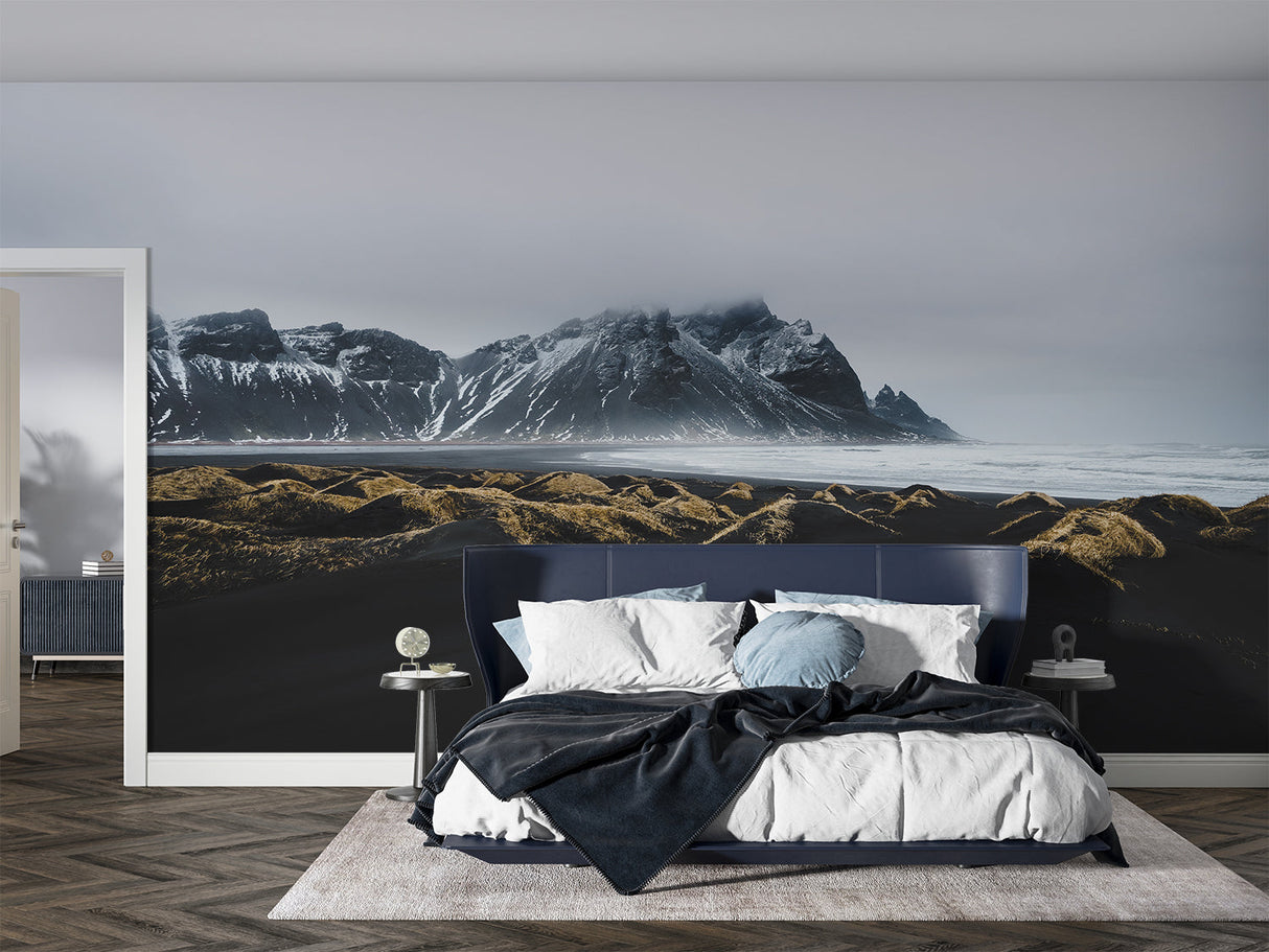 Snow peak wallpaper making statement in home office with wooden desk