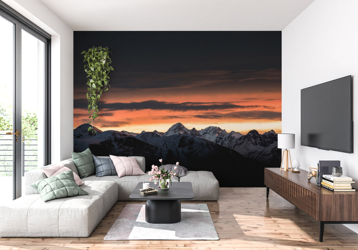 Home office featuring panoramic mountain mural with dramatic sunset lighting