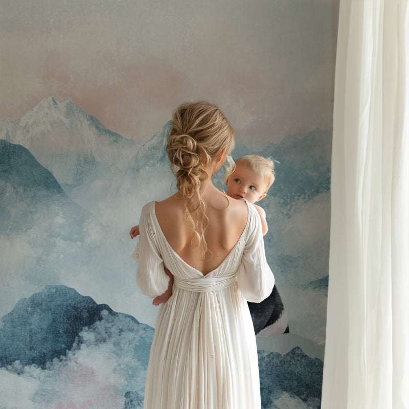 Panda mountain wall mural creating peaceful atmosphere in toddler's bedroom with reading nook