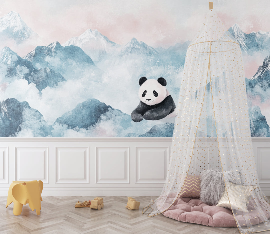 Mountain mural with panda design displayed in neutral gender-neutral nursery setting