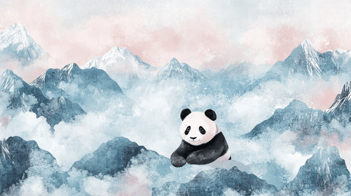 Mountain and panda wallpaper design file showing full pattern with misty peaks and playful panda character