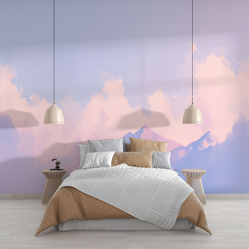 Mountain landscape wallpaper in modern minimalist bedroom, showing soft pastel sunset tones creating a peaceful atmosphere