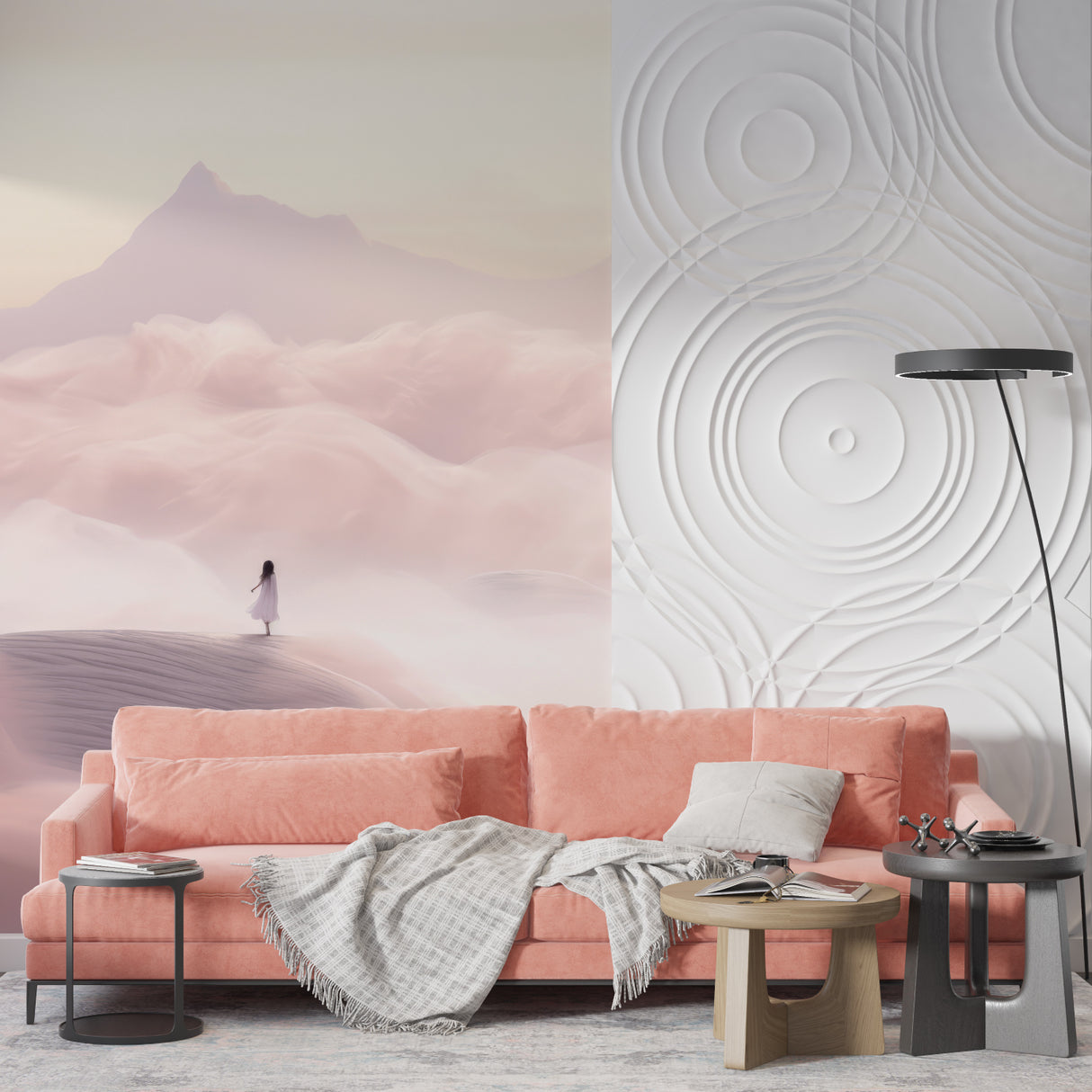 Pink Mountain Wallpaper in modern living room with minimal furniture creating peaceful atmosphere