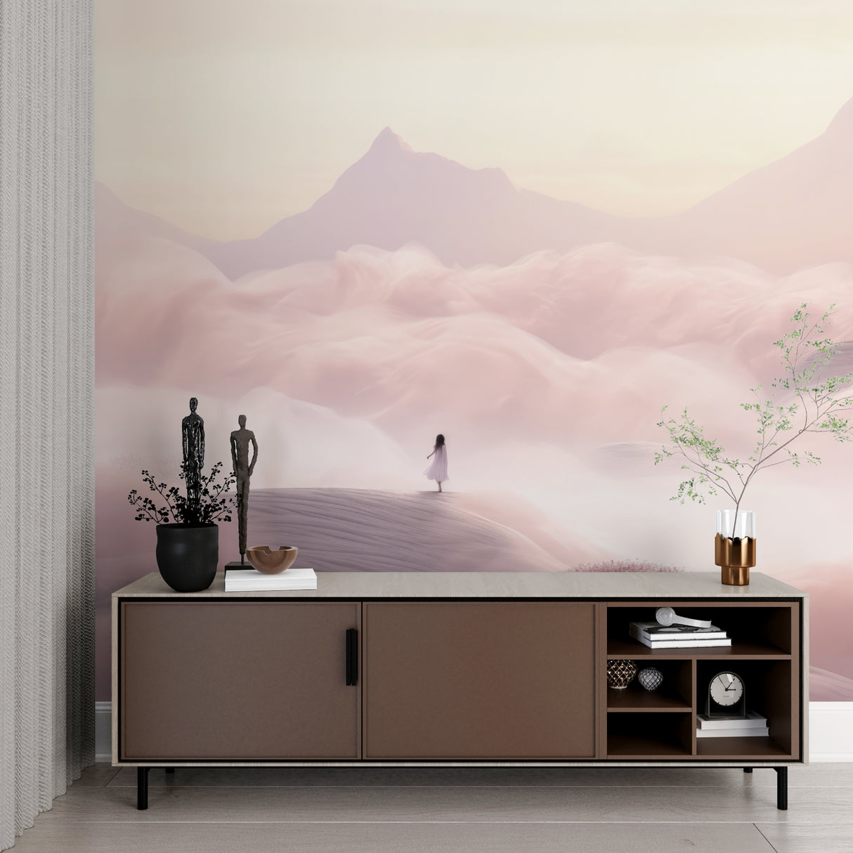 Dreamy mountain landscape mural in cozy bedroom with soft morning light