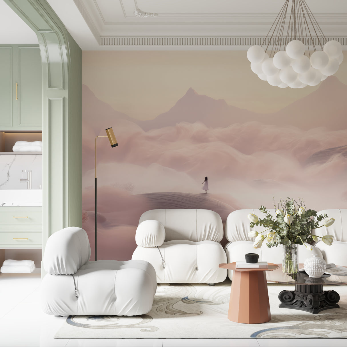 Pink watercolor mountain wallpaper in home office showing calming effect