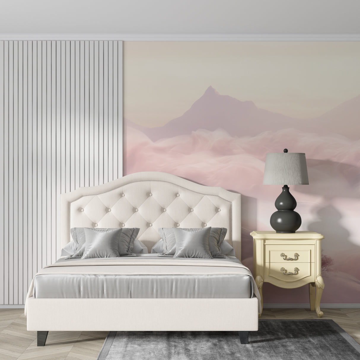 Mountain mural with pink tones in dining room creating elegant backdrop