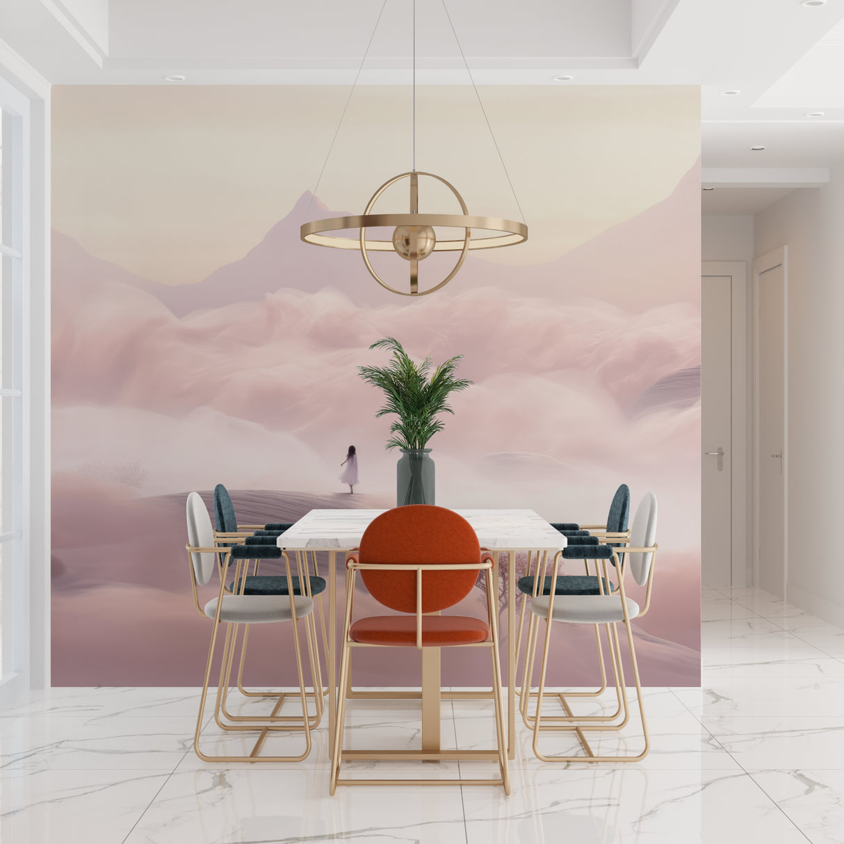 Watercolor mountain wallpaper bringing serenity to meditation room