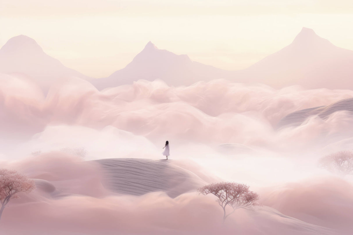 Pink mountain landscape wallpaper design file showing watercolor detail and full pattern