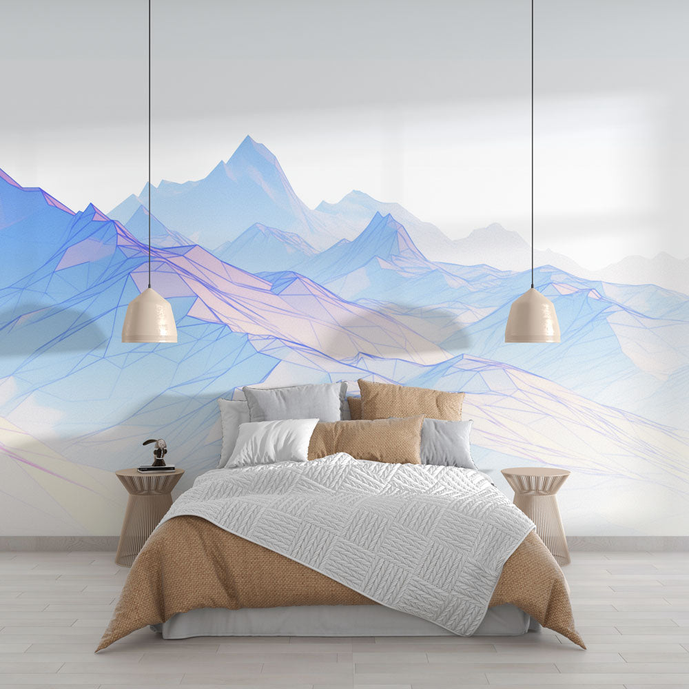 Modern geometric mountain wallpaper creating depth in a bright minimalist living room with clean lines and soft pastel colors