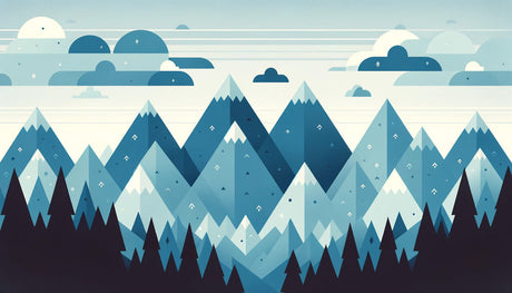 Blue geometric mountain pattern design file showing detailed alpine peaks and layered landscape
